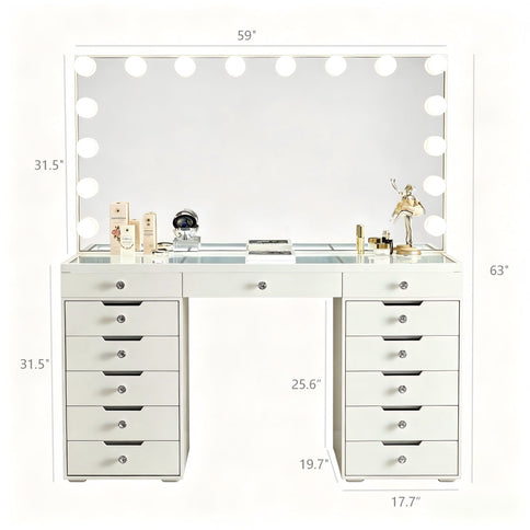 LED Lighted Makeup Vanity Desk With 16 Bulbs Mirror, 13 Drawers Dressing Table For Bedroom - Gloss White
