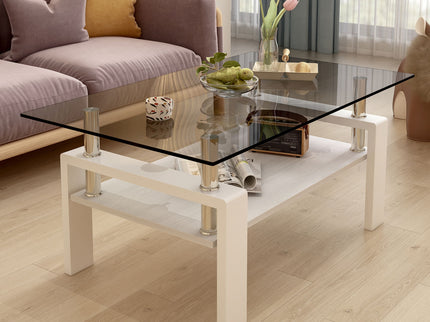 Modern Rectangular Coffee Table With Tempered Transparent Glass Top And Storage Shelf