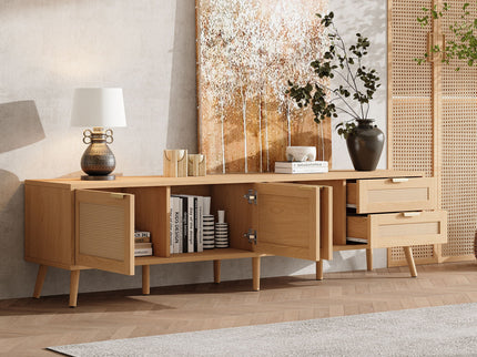 TV Stand, Media Console, 2 Drawers & Cable Management - Natural Wood