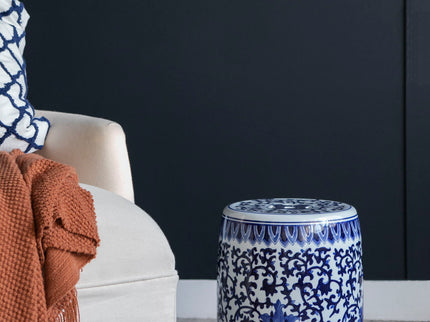 Ceramic Garden Stool, Small Side Tabel - White / Blue