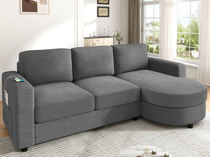 Modern L-Shaped Sectional Sofa With Curved Chaise, USB Ports, And Side Storage Pockets