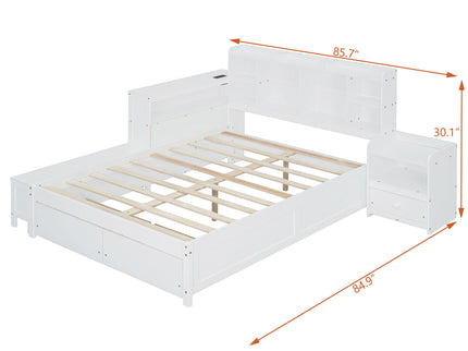 Platform Bed With Multi Functional Storage Space, Nightstand, 2 Drawers, USB Ports And Desk