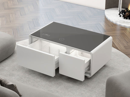 Modern Smart Coffee Table With Built-In Fridge - tooth Speaker, Wireless Charging, Touch Control Panel, USB Interface, Outlet Protection, Atmosphere Light
