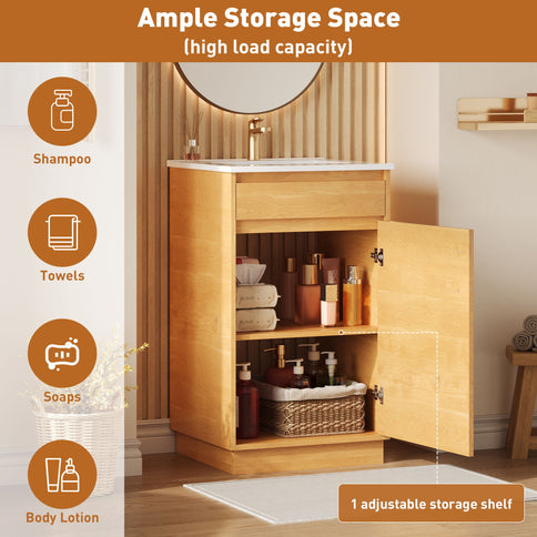Bathroom Vanity With Sink, Freestanding Single Cabinet With Soft Closing Door And Adjustable Shelf - Natural Wood