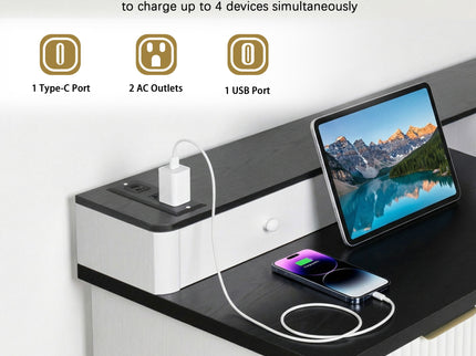 Fluted L-Shaped Desk With Charging Station & Storage Cabinet