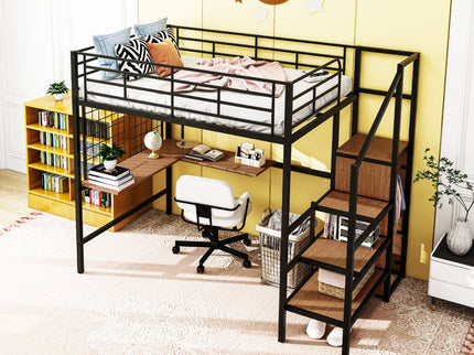 Loft Bed With Desk And Grid, Stylish Frame With Lateral Storage Ladder And Wardrobe