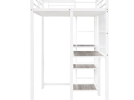 Metal Loft Bed With Desk, 3 Shelves And Ladder