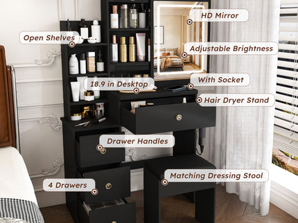 Vanity Desk With 3 LED Lighting Modes, 4 Drawers, Open Shelves, Hair Dryer Holder & Power Socket Dressing Table Set With Chair - Black