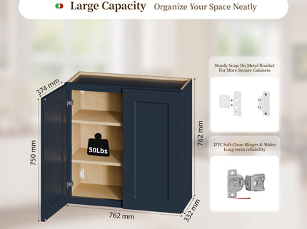 Shaker Wall Cabinet With Soft Close Hinges, Adjustable Shelves, Double Door