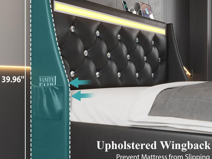 Wingback Upholstered Bed Frame With LED Lights, Charging Station