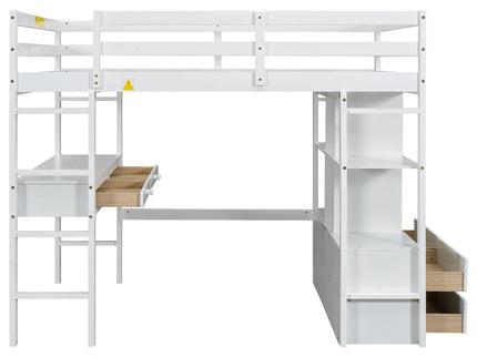 Full Size Loft Bed With Built In Desk, 2 Drawers, Storage Shelves - White