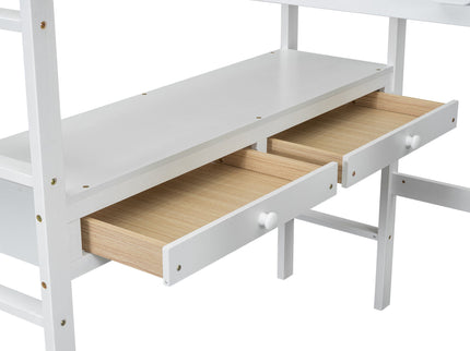 Full Size Loft Bed With Built In Desk, 2 Drawers, Storage Shelves - White