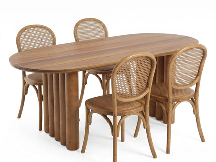 Oval Dining Table Set With 4 Birch Rattan Chairs - Brown / Light Brown