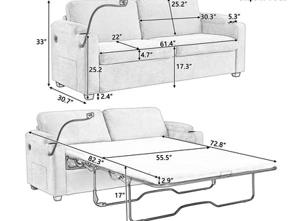Sleeper Sofa Loveseat Sofa With Full Size Mattress, 2 USB Ports, 2 Cup Holders, 2 Side Pockets And Phone Holder