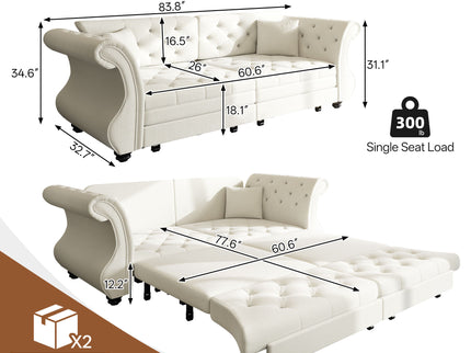 Oversized Chesterfield Pull Out Sofa Bed, Roll Arm Couch With Flower Tufting For Living Room