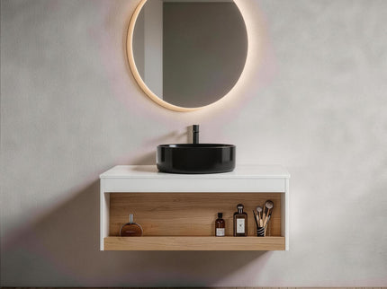 Floating Bathroom Vanity With Vessel Sink With Open Shelf Storage