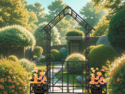 Garden Arch With Gate With Planter, Climbing Plants Support Outdoor - Black