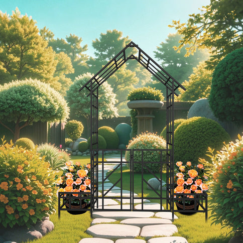 Garden Arch With Gate With Planter, Climbing Plants Support Outdoor - Black