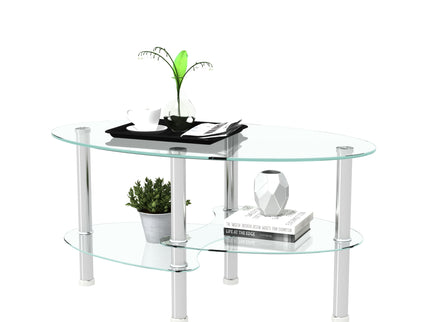 Transparent Oval Glass Coffee Table, Modern Table In Living Room Oak Wood Leg Tea Table 3-Layer Glass Table