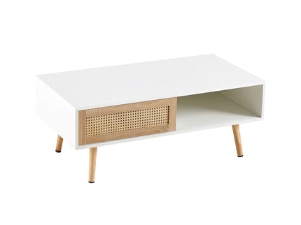 41.34" Rattan Coffee Table, Sliding Door For Storage, Solid Wood Legs, Modern Table For Living Room