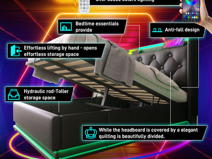 Upholstered Bed, 360 Surround LED Function, Remote Control, Hydraulic Storage Bed With USB, Type-C Charging (Without Mattress)