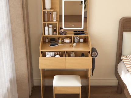 Vanity Table With LED Mirror, Power Outlet, Hairdryer Holder & Padded Stool, Compact Dressing Desk For Small Bedrooms - Wood