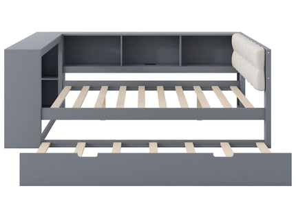 Upholstered Headboard Platform Bed With Storage Shelves, Trundle, Charging Station