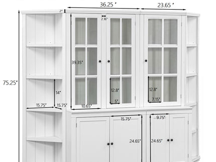 Retro Style Wall Suit With Glass Doors, 75.25" Tall Display Cabinets & Triangle Sided Bookshelves - White