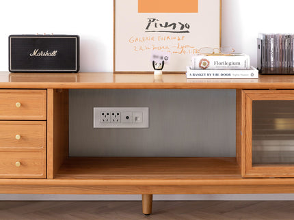 TV Cabinet With Chinese Changhong Glass Doors, Two Drawer Storage Space TV Standing - Cherry