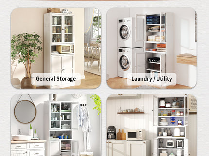 Kitchen Pantry Cabinet Tall Storage With Adjustable Shelves, Heavy Duty Stainless Steel Frame - White