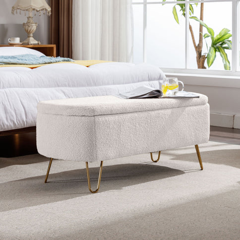 Storage Ottoman Bench For End Of Bed Legs, Modern Camel Faux Fur Entryway Bench Upholstered Padded With Storage For Living Room Bedroom