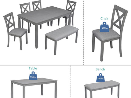 6 Pieces Kitchen Dining Set, Rectangular Wooden Dining Table With 4 Chairs And A Bench