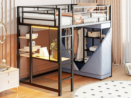 Loft Bed With Desk, Shelves, Power Outlet, LED Light And Wardrobe