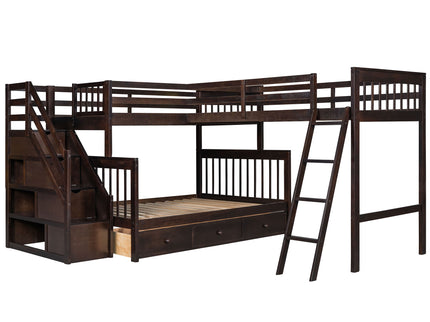 Solid L Shaped Bunk Bed With 3 Drawers, Ladder And Staircase