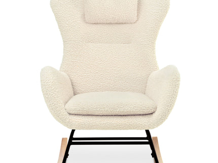 Rocking Chair Nursery, Teddy Upholstered Rocker Glider Chair With High Backrest, Adjustable Headrest & Pocket, Comfy Glider Chair For Nursery, Bedroom, Living Room, Offices, Rubber Wood