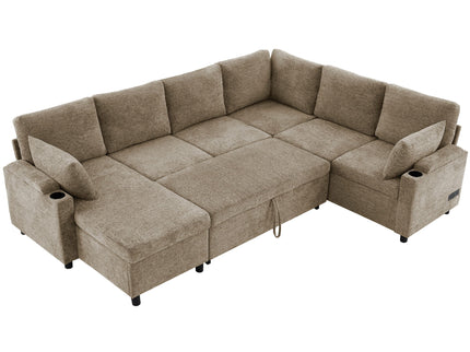 U-Shaped Sectional Sofa Bed With Storage, Charging Ports, And Cup Holders - Brown