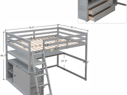 Modern Loft Bed With Built In Desk, Shelves, And 2 Drawers