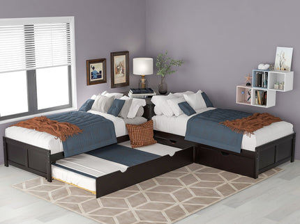 L Shaped Platform Bed With Trundle And Drawers Linked With Built In Desk