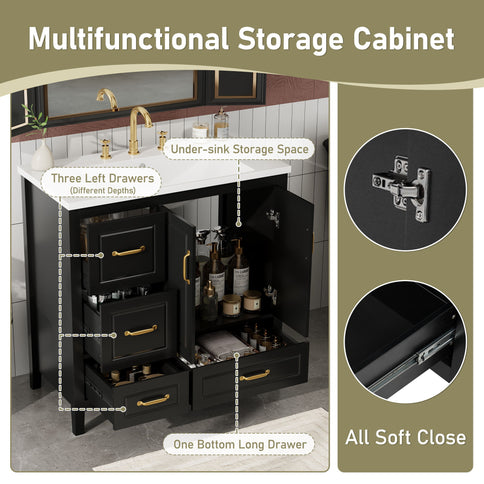 Bathroom Vanity With Sink, Soft Closing Doors & Drawers, Metal Handles