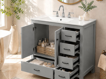 Bathroom Vanity With Sink Combo, 2 Soft Close Doors And 5 Drawers