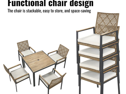 5 Piece Patio Dining Table Set, Acacia Wood Table Top With Umbrella Hole