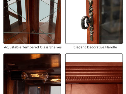 Corner Curio Cabinet With Lights, Adjustable Tempered Glass Shelves, Mirrored Back, Display Cabinet (E26 Light Bulb Not Included)