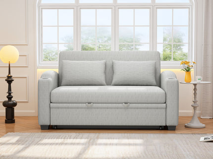 Pull Out Loveseat Sofa With Adjsutable Backrest, 2 Pillows, Cup Holders, USB Ports For Living Room