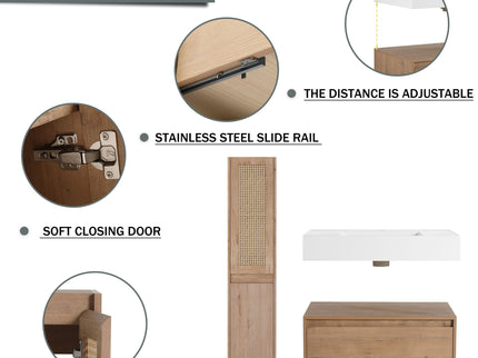 Contemporary Wall Mounted Bathroom Vanity With Resin Sink And 2 Side Cabinet - Imitative Oak