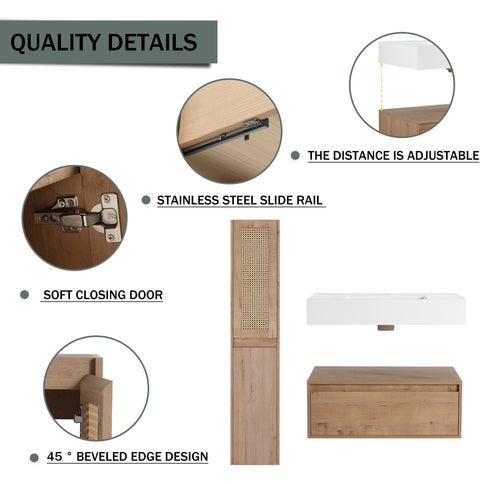 Contemporary Wall Mounted Bathroom Vanity With Resin Sink And 2 Side Cabinet - Imitative Oak