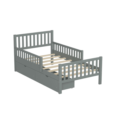 Platform Bed With Guardrails On Both Sides And 2 Storage Drawers