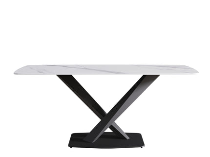 70.87" Modern Artificial Stone White Curved Black Metal Leg Dining Table, Can Accommodate 6-8 People - White / Black