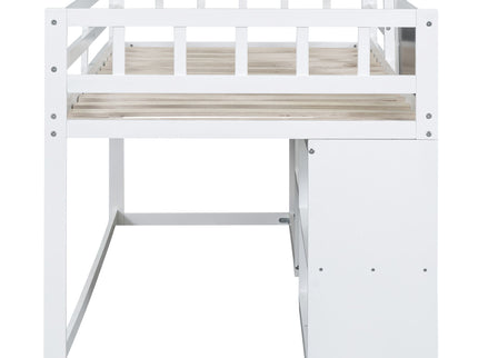 Low Loft Bed With Rolling Desk, Shelf And Drawers