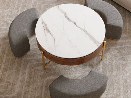 Lift Top Round Coffee Table With Hidden Storage, 3 Upholstered Nesting Ottomans - Brown / Gray / Golden / White
