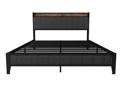 Bed With Charging Station, American Design Upholstered Headboard, Metal Platform